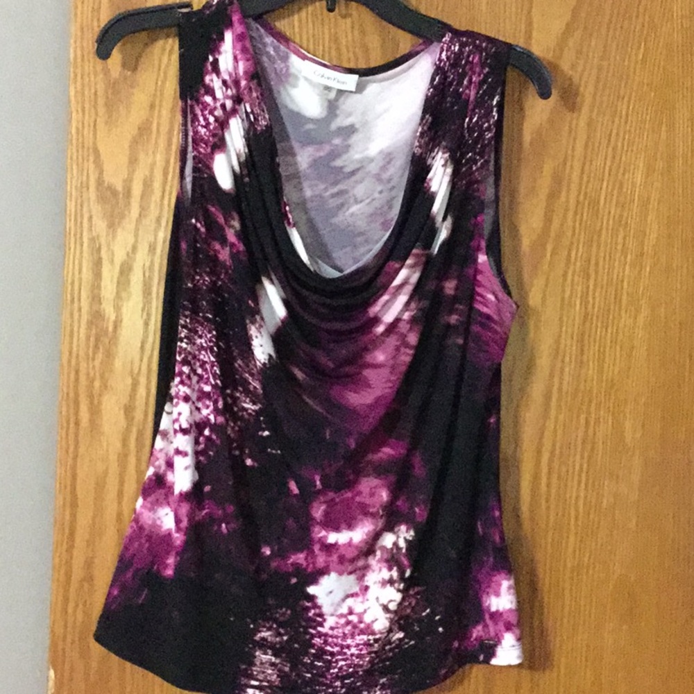 Calvin Klein Purple Black White Sleeveless Draped Neck Top